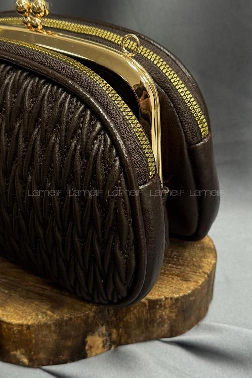 Lamelif Noreza Büzgülü Mıknatıs Bölmeli Çok Gözlü Çapraz Çanta Acı Kahve