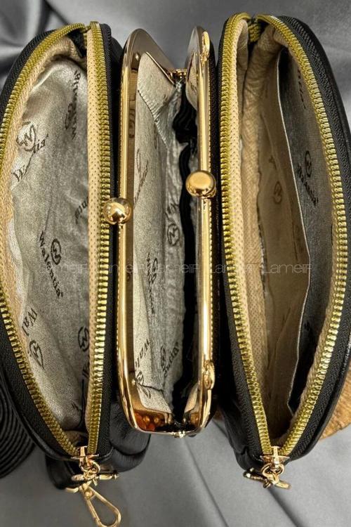 Lamelif Noreza Büzgülü Mıknatıs Bölmeli Çok Gözlü Çapraz Çanta Siyah