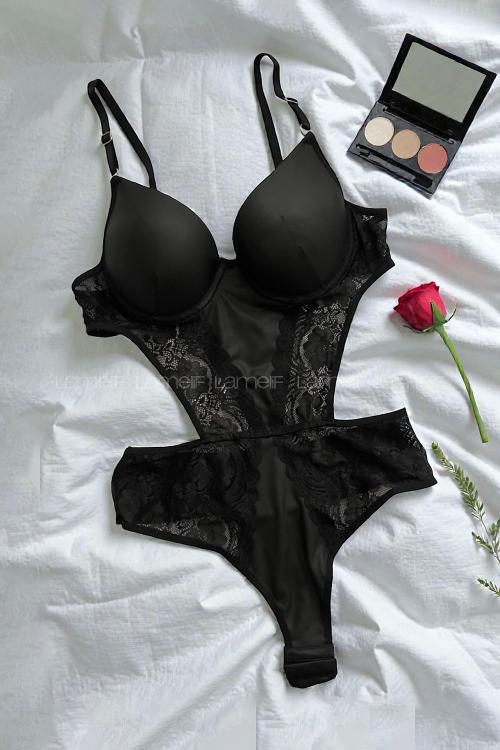 Lamelif Süet Deri Badysuit Takım