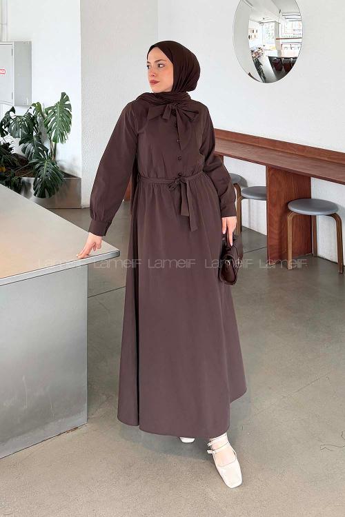 Lamelif Bağlama Detaylı Fiyonklu Elbise Acı Kahve