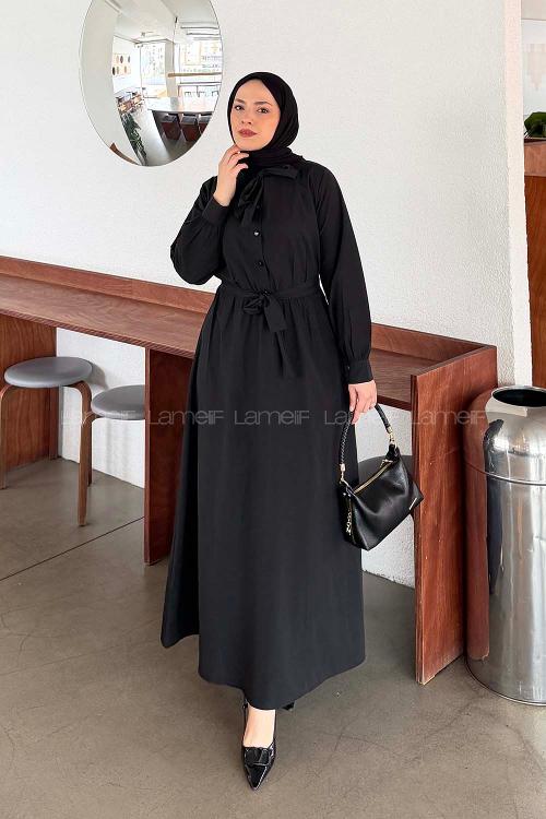 Lamelif Bağlama Detaylı Fiyonklu Elbise Siyah