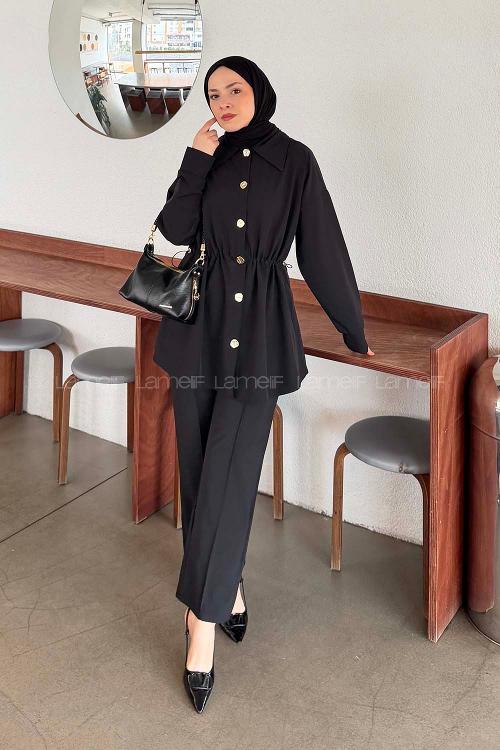 Lamelif Beli Lastikli Takım Siyah