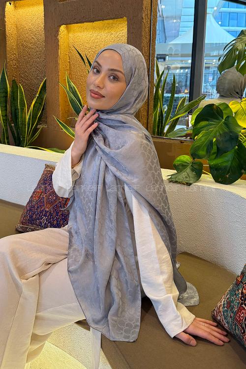 Lamelif  Bloom Desen Ayrobin Floş Jakar  Şal Gri