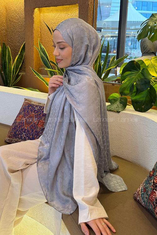 Lamelif  Bloom Desen Ayrobin Floş Jakar  Şal Gri