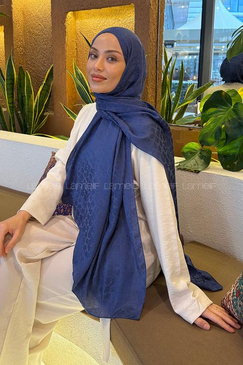 Lamelif  Bloom Desen Ayrobin Floş Jakar  Şal İndigo
