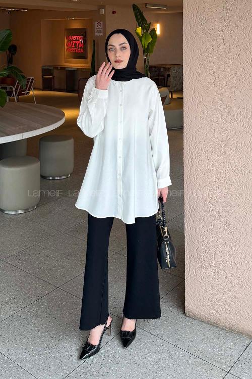 Lamelif Çizgi Geçişli Gömlek Ekru