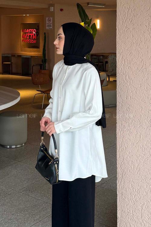 Lamelif Çizgi Geçişli Gömlek Ekru