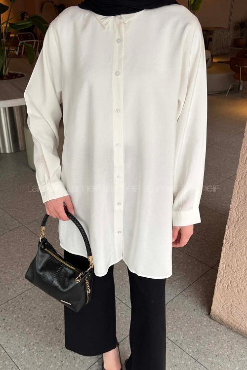 Lamelif Çizgi Geçişli Gömlek Ekru