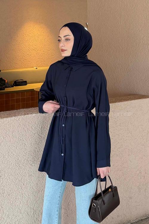 Navy Blue Shirt Collar Long Arm Poplin Fabric Shirt