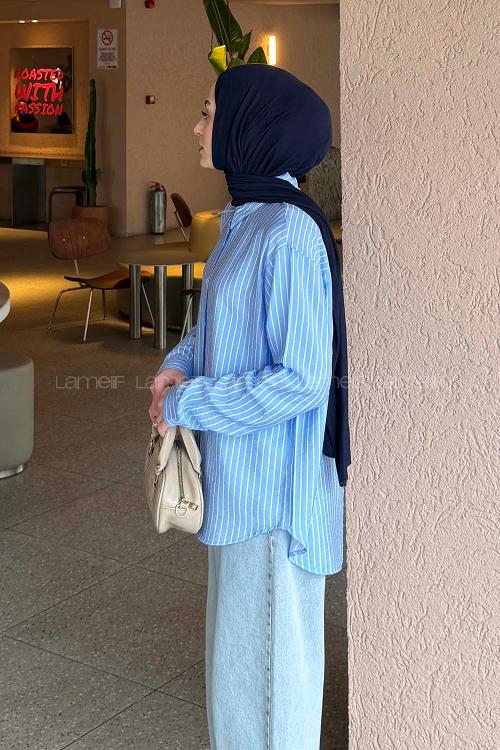 Lamelif Çizgili Modal Gömlek Mavi