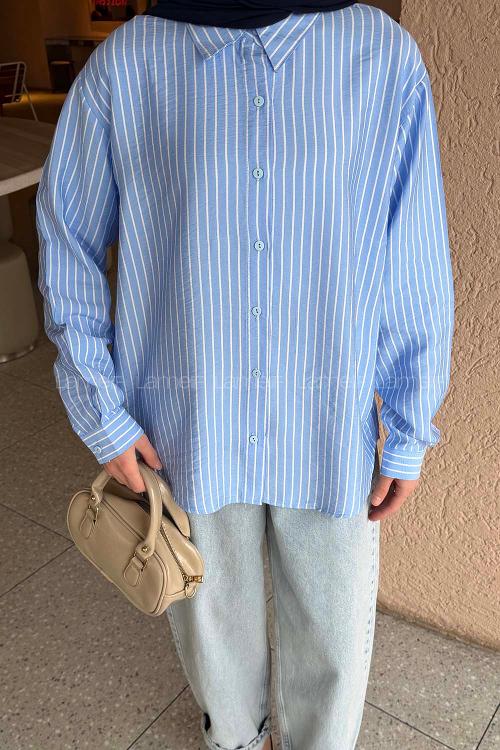 Lamelif Çizgili Modal Gömlek Mavi