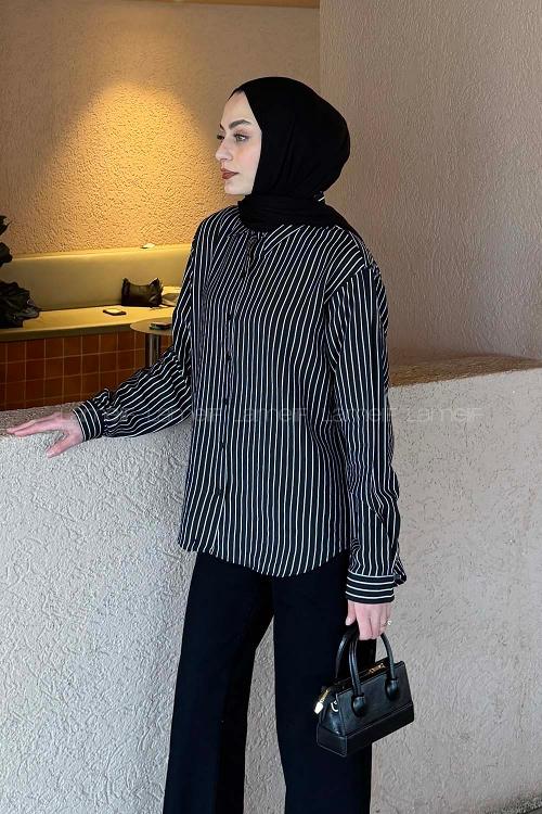 Lamelif Çizgili Modal Gömlek Siyah