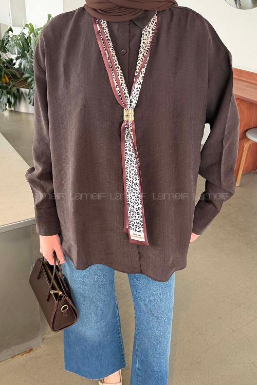 Lamelif Fular Bağlamalı Gömlek Koyu Kahverengi