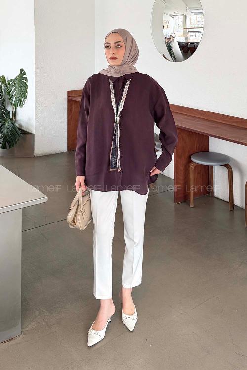 Lamelif Fular Bağlamalı Gömlek Mürdüm