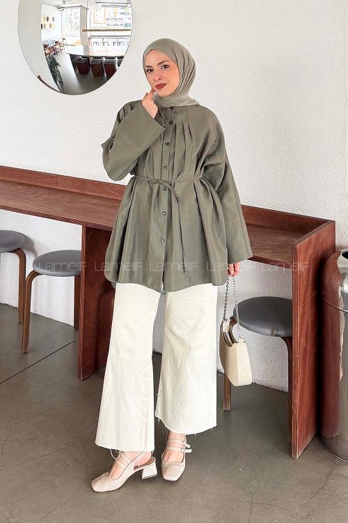 Lamelif Önü Pensli Tesettür Gömlek  Haki