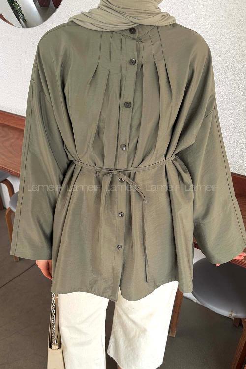 Lamelif Önü Pensli Tesettür Gömlek  Haki