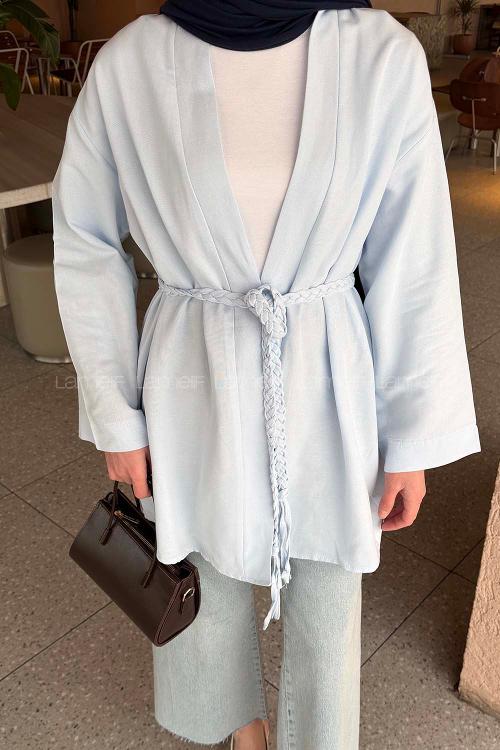 Lamelif Örgü Bağlamalı Kimono Ceket Bebe Mavisi