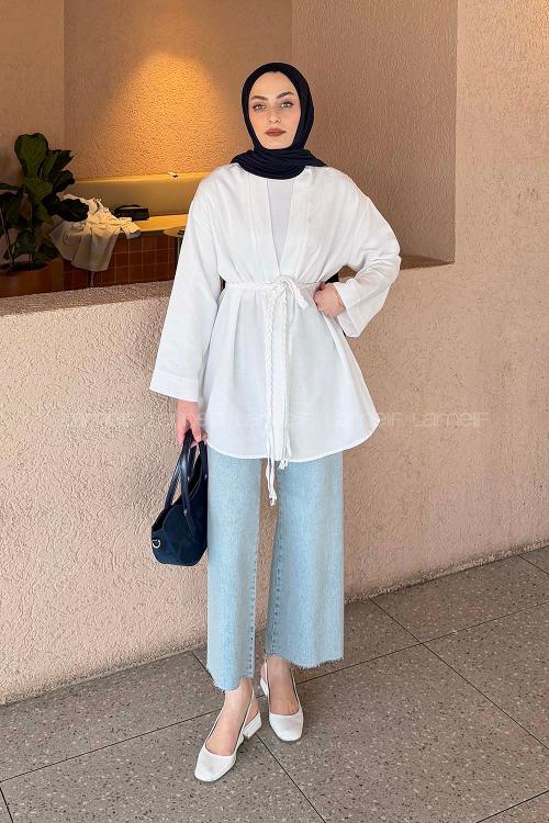 Lamelif Örgü Bağlamalı Kimono Ceket Beyaz