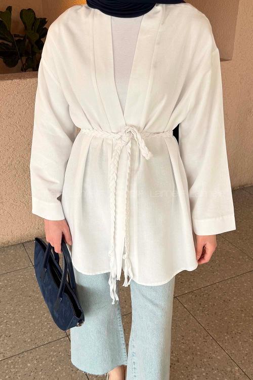 Lamelif Örgü Bağlamalı Kimono Ceket Beyaz