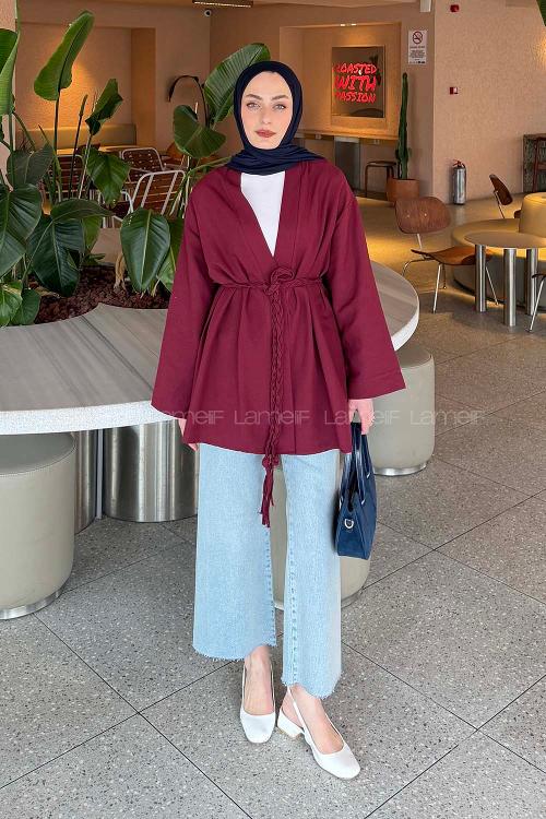 Lamelif Örgü Bağlamalı Kimono Ceket Bordo