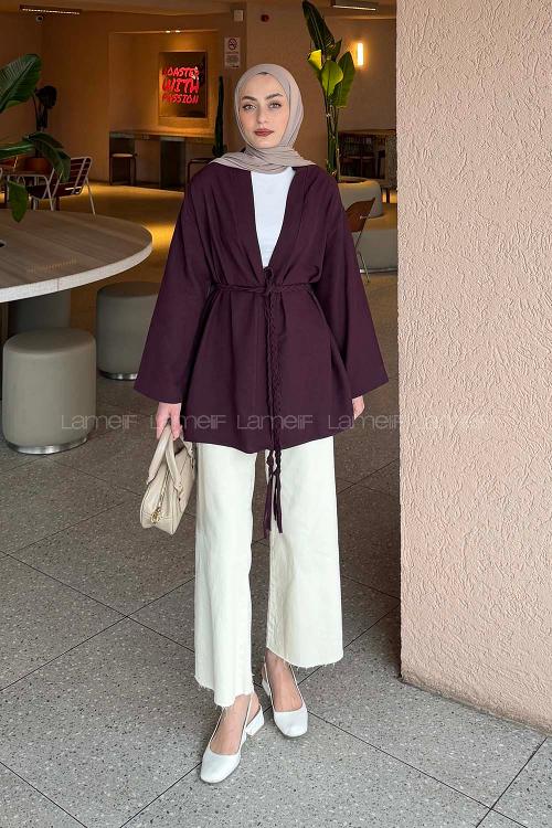 Lamelif Örgü Bağlamalı Kimono Ceket Mürdüm