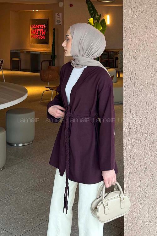 Lamelif Örgü Bağlamalı Kimono Ceket Mürdüm