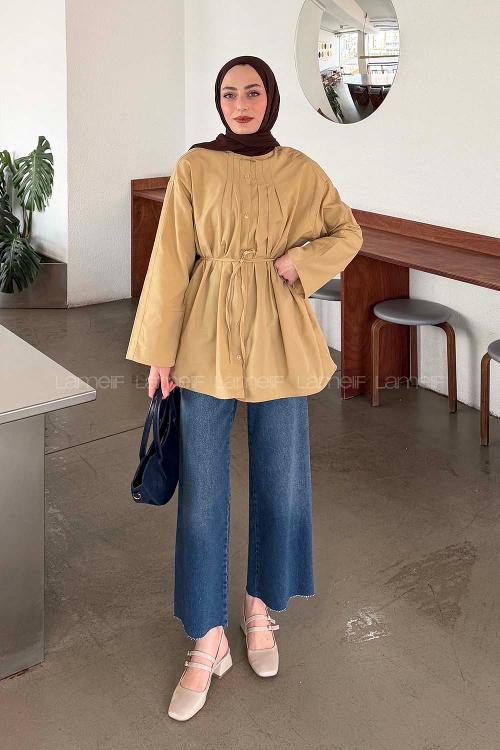 Beige Crew Neck Long Arm Cotton Unprinted Shirt