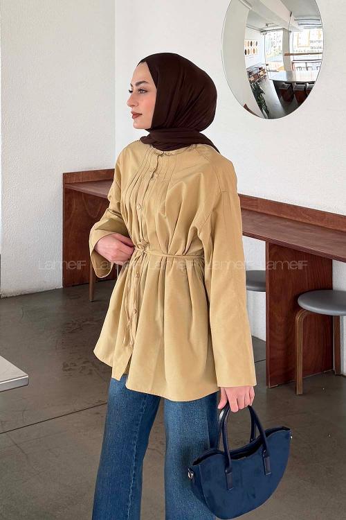Beige Crew Neck Long Arm Cotton Unprinted Shirt