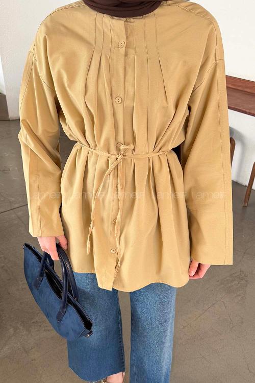 Beige Crew Neck Long Arm Cotton Unprinted Shirt