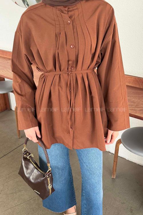 Brown Crew Neck Long Arm Cotton Unprinted Shirt