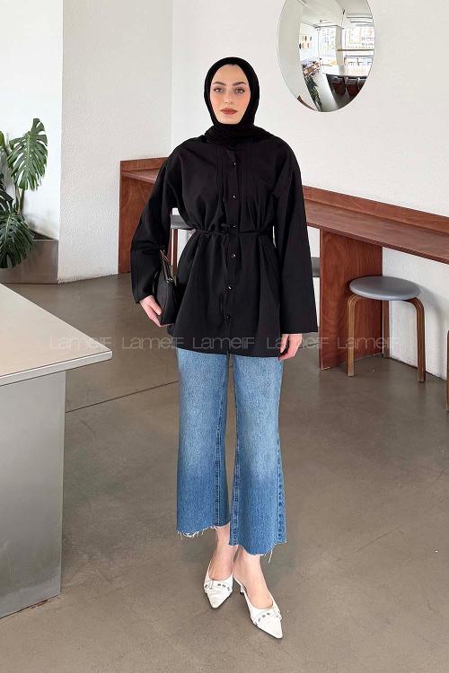 Lamelif Piliseli Geniş Kol Gömlek Siyah