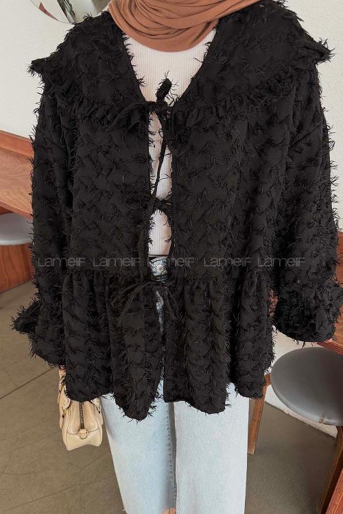 Lamelif Püskül Detaylı Bağlamalı Tunik Siyah