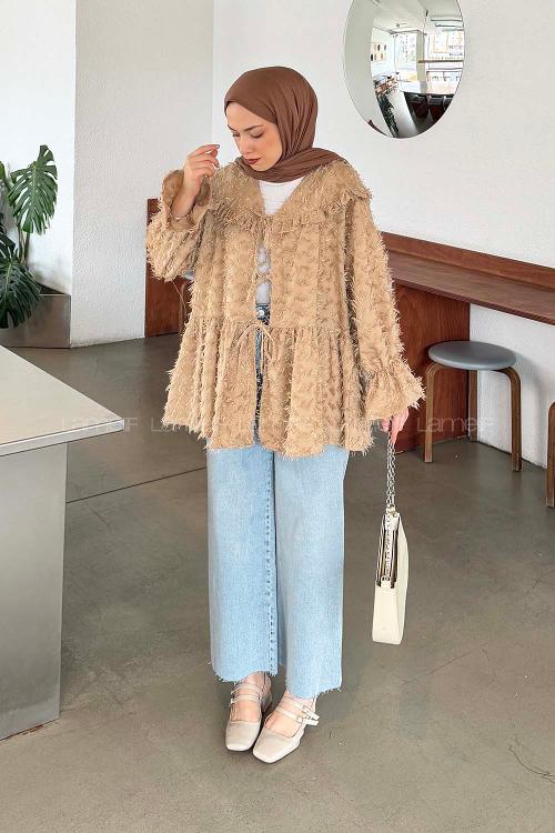 Lamelif Püskül Detaylı Bağlamalı Tunik Vizonrengi