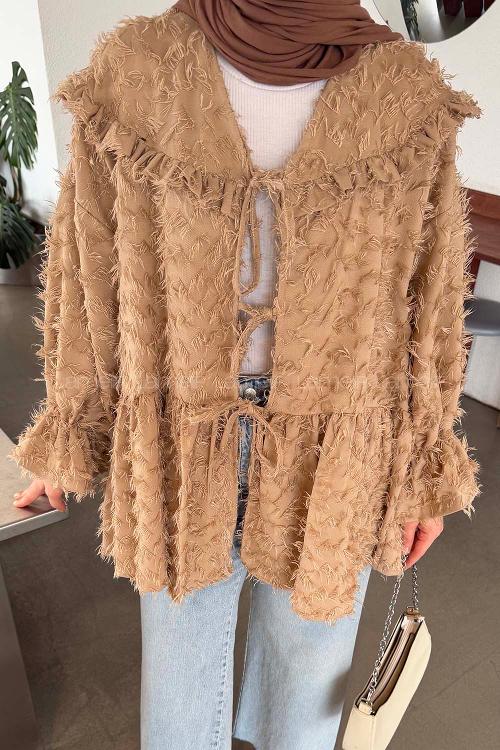 Lamelif Püskül Detaylı Bağlamalı Tunik Vizonrengi