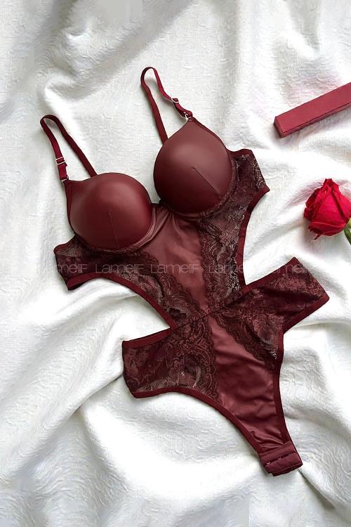 Lamelif Süet Deri Badysuit Takım