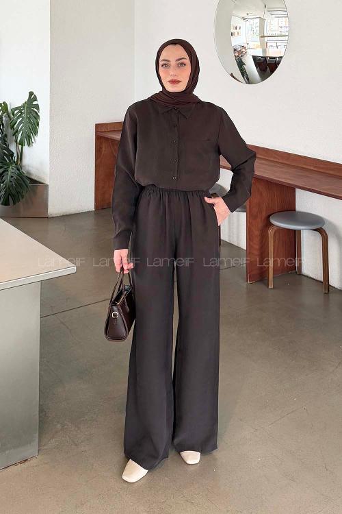 Lamelif Yaka Cepli Takım Koyu Kahverengi