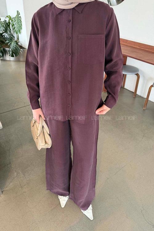 Lamelif Yaka Cepli Takım Mürdüm