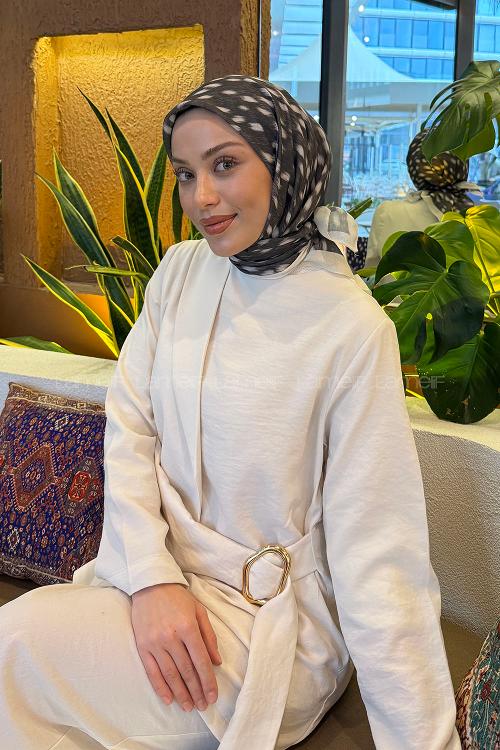 Lamelif Ceylan Desen Soft Eşarp Koyu Yeşil Ekru