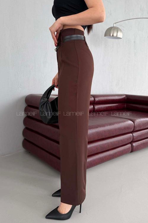 Lamelif Çift Kemer Detaylı Pantolon Acı Kahve