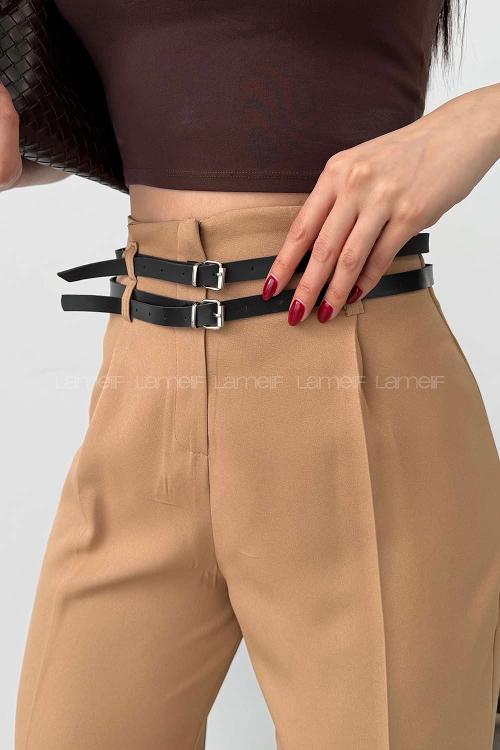Lamelif Çift Kemer Detaylı Pantolon Camel