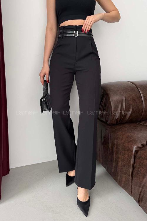 Lamelif Çift Kemer Detaylı Pantolon Siyah