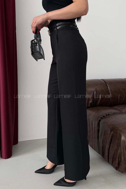 Lamelif Çift Kemer Detaylı Pantolon Siyah