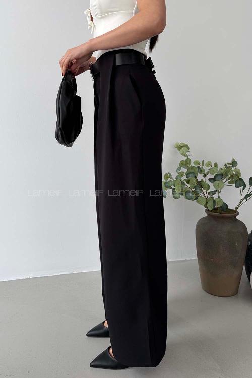 Black Polyester High Waist Material Pants