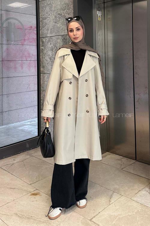 Lamelif Klasik Kuşaklı Trenç Taş