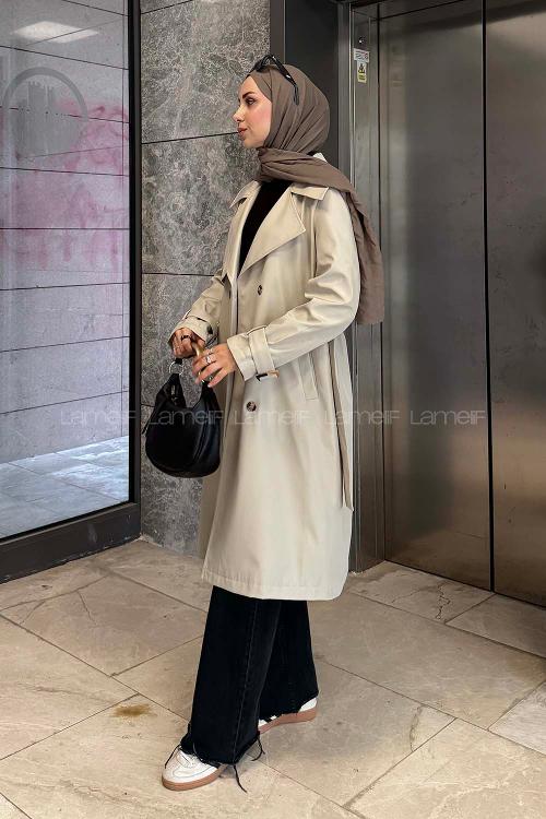 Lamelif Klasik Kuşaklı Trenç Taş