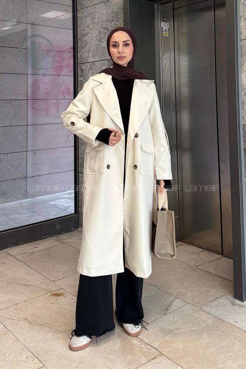Lamelif Pelican Ön Düğmeli Trençkot Krem