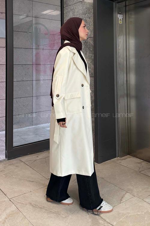 Lamelif Pelican Ön Düğmeli Trençkot Krem