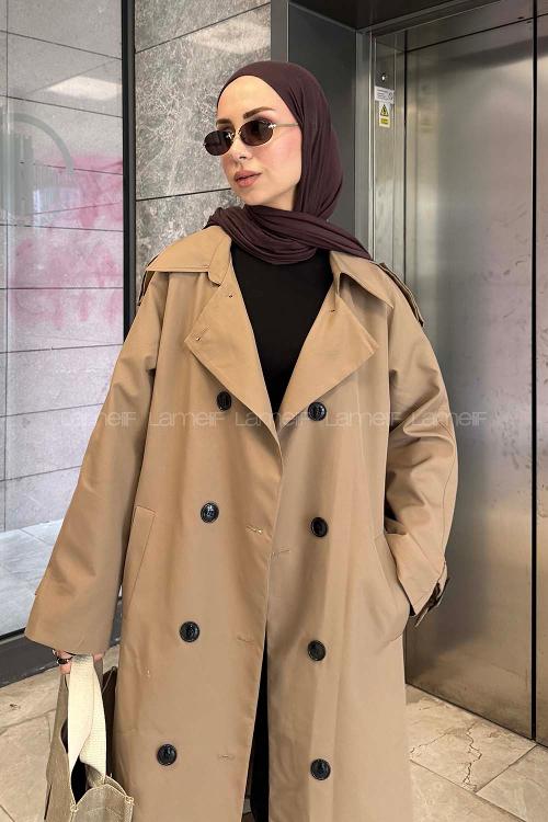 Lamelif Reglan Kol Düğmeli Trenç Kahve