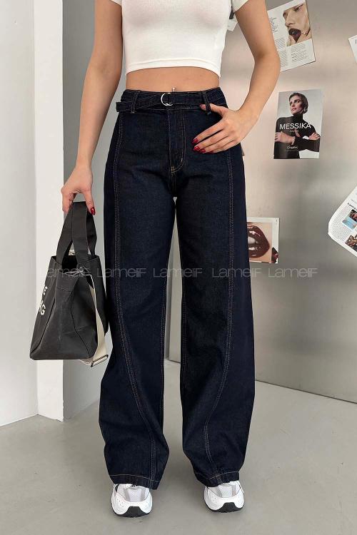 Lamelif Yüksek Bel Kemerli Wide Leg Jean Koyu Mavi