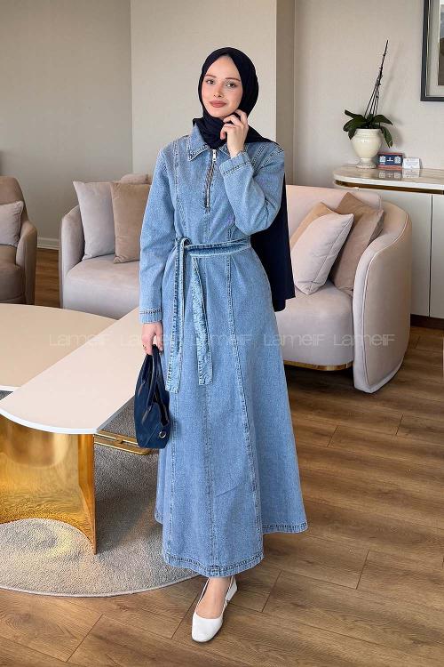Lamelif Bağlama Detaylı Kot Elbise Buz Mavisi
